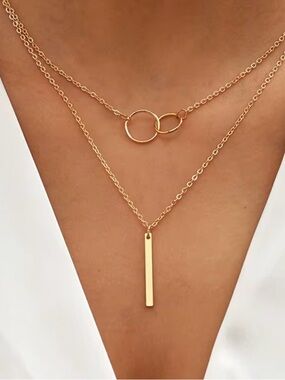 Minimalist Gold Layered Interlocking Circle and Bar Necklace